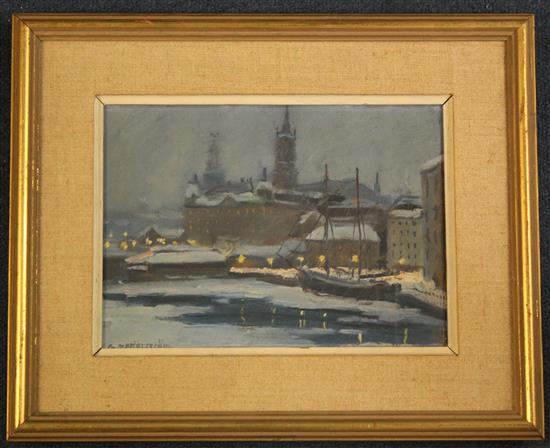 Gunnar Zetterström (1902-1965) Stockholm harbour in winter, 6.5 x 9in.